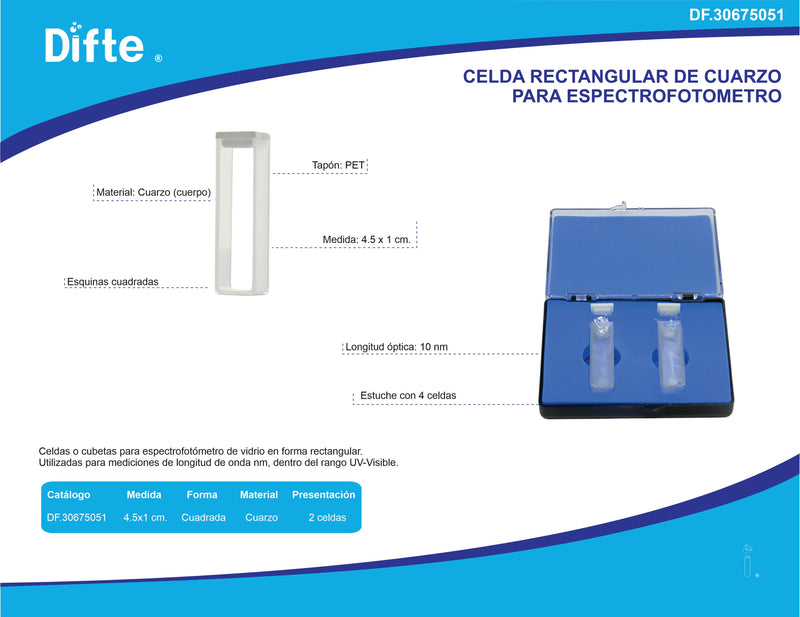 CELDA RECTANGULAR DE CUARZO PARA ESPECTROFOTOMETRO PK/2