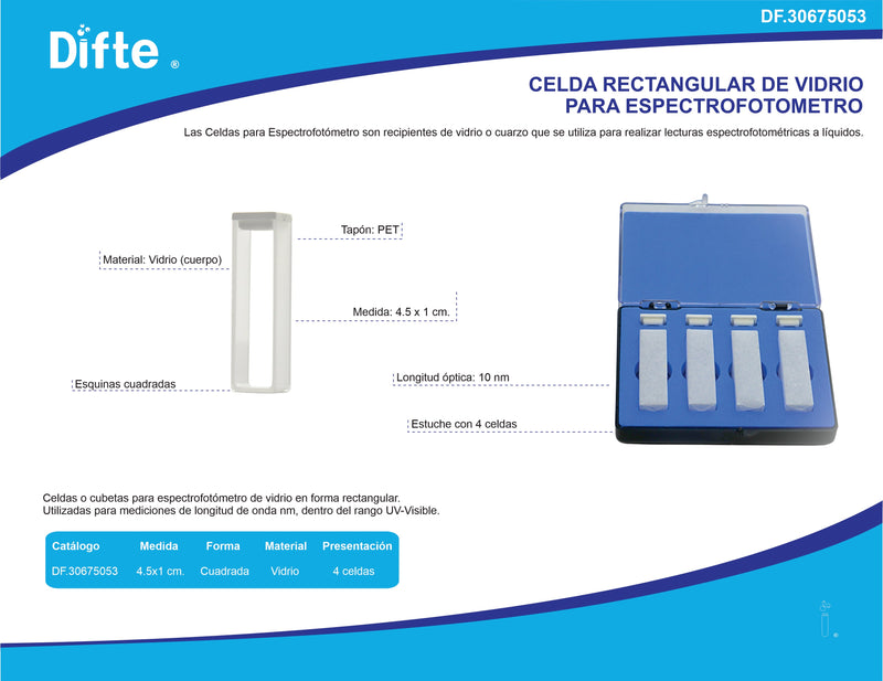 CELDA RECTANGULAR DE VIDRIO PARA ESPECTROFOTOMETRO PK/4