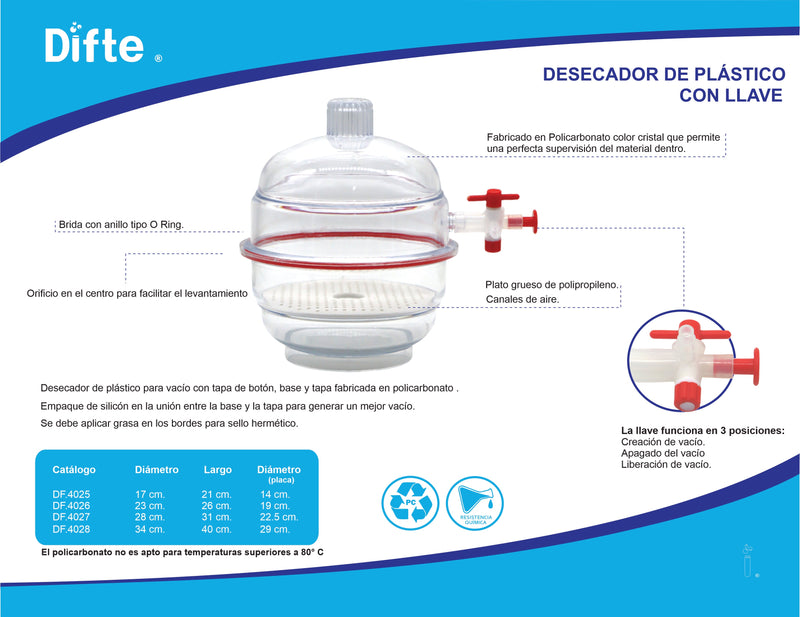 DESECADOR PARA VACIO CON LLAVE (PP/PC) TRANSPARENTE/BLANCO DE 15 CMS.