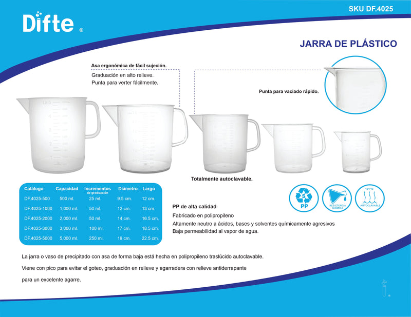 VASO DE PRECIPITADO CON ASA (JARRA), GRADUADO EN RELIEVE, AUTOCLAVABLE (PP) DE 5000 ML.