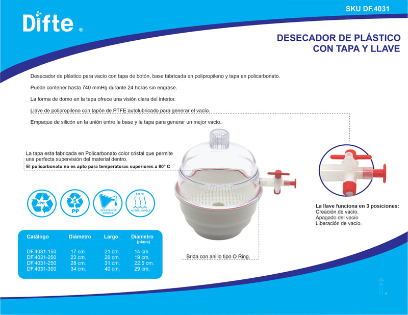 DESECADOR PARA VACIO CON LLAVE
(PP/PC) DE 300 MM.