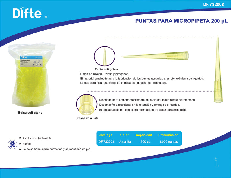 PUNTA PARA MICROPIPETA NO ESTERIL, AMARILLA, AUTOCLAVABLE DE 200 μl. PK/1,000