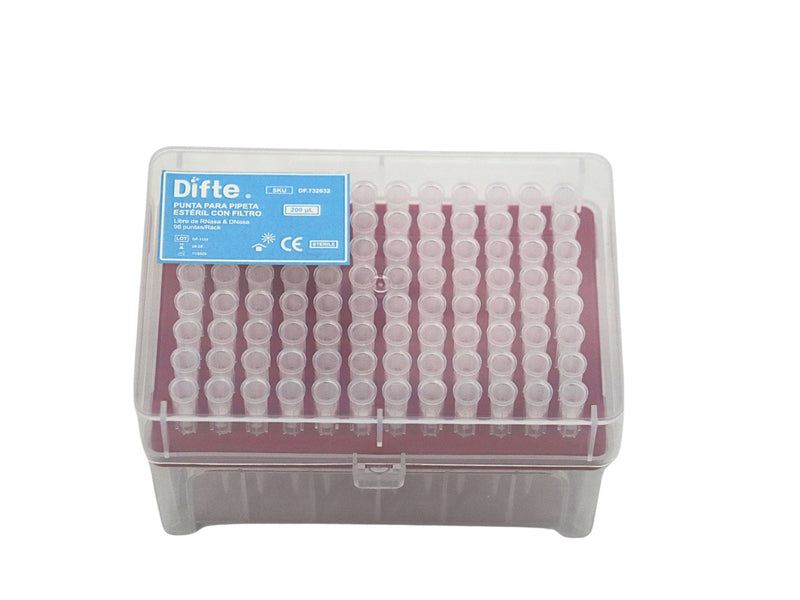 PUNTA PARA MICROPIPETA CON FILTRO, ESTERIL, RACK CON 96 PIEZAS DE 200 UL.