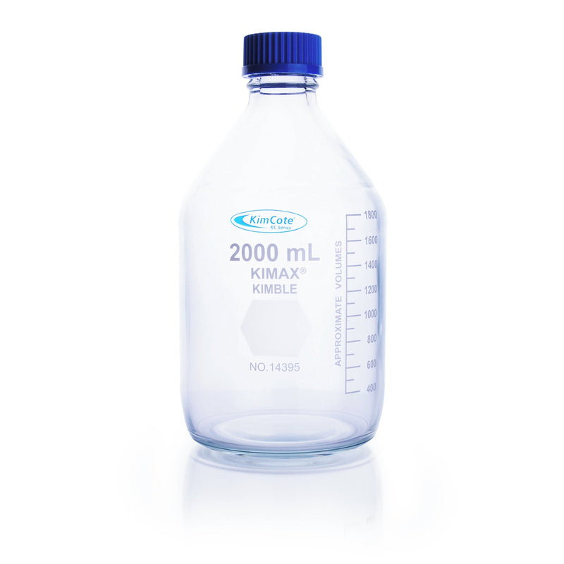 BOTELLA GL 45 MEDIOS ROSC. C/TAPA AZUL Y ANILLO KIMCOTE® RECUBIERTA DE PLASTICO 2 LTOS.
