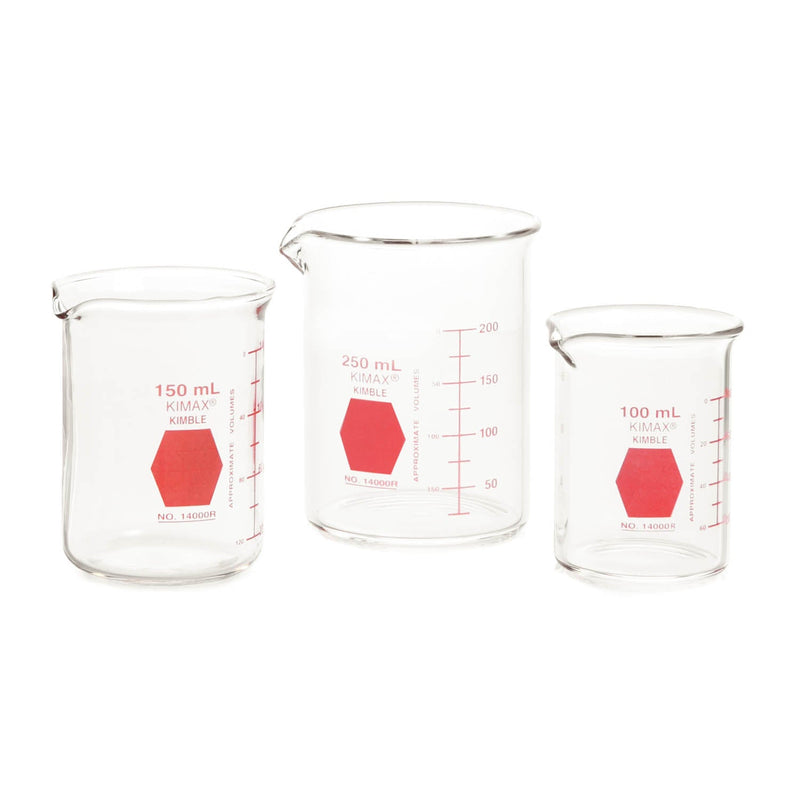 VASO PRECIPITADO, GRIFFIN, REGULAR., FORMA BAJA, DECORADO EN ROJO GRADUADO 150 ML.