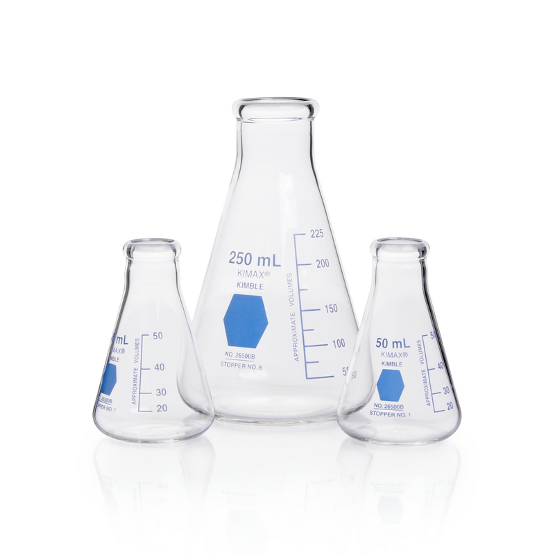MATRAZ ERLENMEYER DECORADO EN AZUL GRADUADO 125 ML.