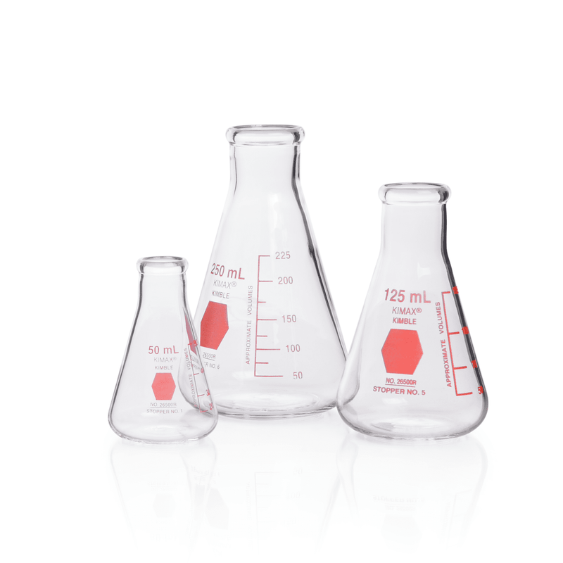 MATRAZ ERLENMEYER DECORADO EN ROJO GRADUADO 125 ML.