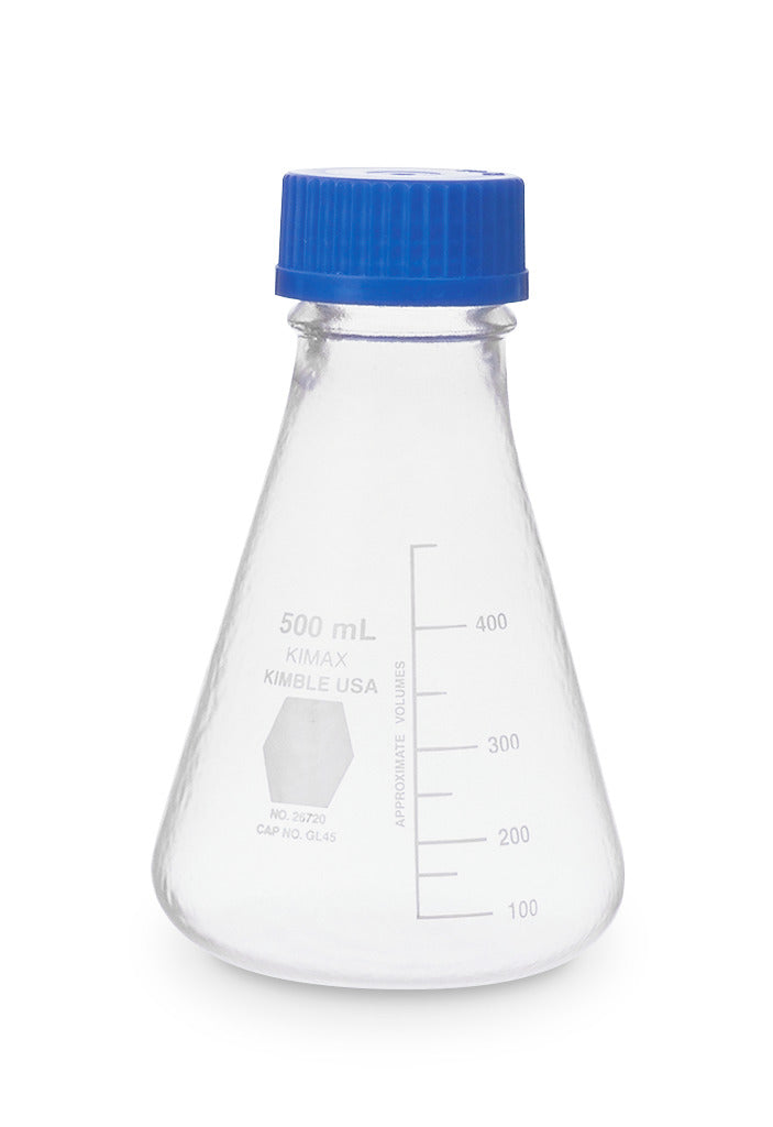 MATRAZ ERLENMEYER, ROSCA GL 45 CON TAPA AZUL Y ANILLO POLIPROPILENO 250 ML.