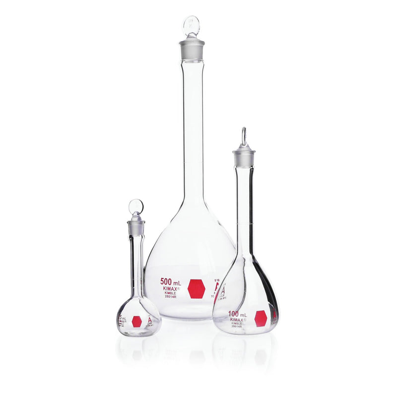 MATRAZ VOLUMETRICO"A", TAPON VIDRIO DECORADO EN ROJO 50 ML.