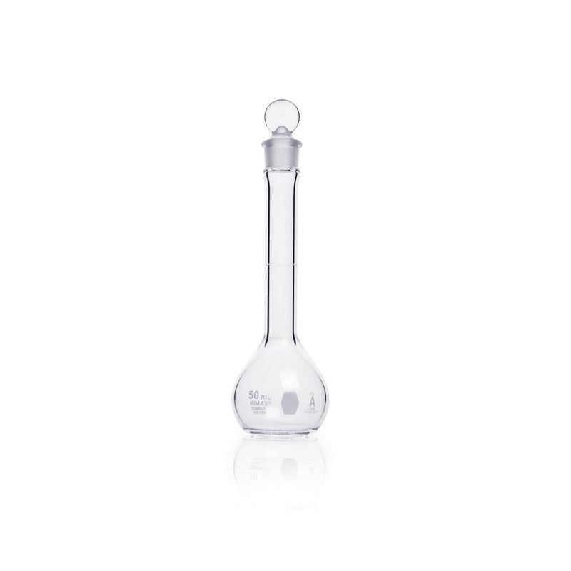MATRAZ VOLUMETRICO "A", TAPON VIDRIO BOCA ANCHA 50 ML.