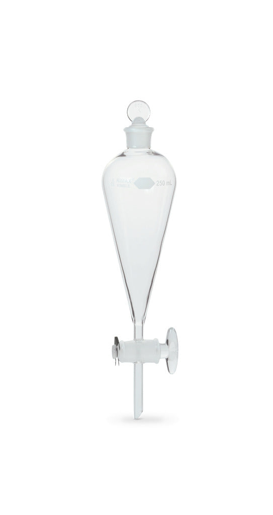 EMBUDO DE SEPARACION SQUIBB, FORMA DE PERA,TAPON VIDRIO, LLAVE VIDRIO 250 ML.