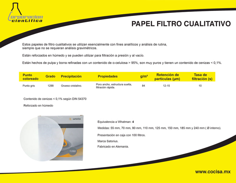 PAPEL FILTRO SARTORIUS GRADO 1288 - EQUIVALENTE A WHATMAN 4. PK/100 PIEZAS DE 7 CMS.