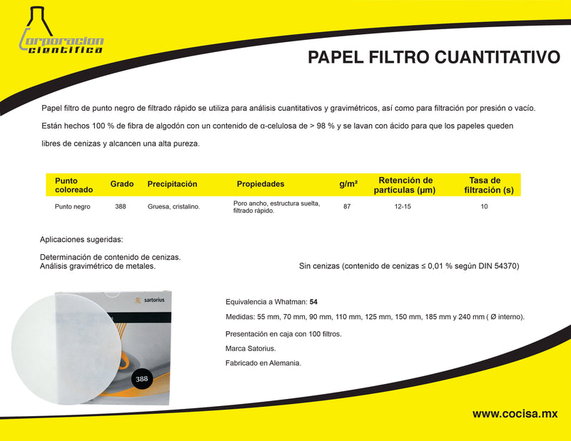 PAPEL FILTRO SARTORIUS GRADO 388 - EQUIVALENTE A WHATMAN 54. PK/100 PIEZAS DE 11 CMS.