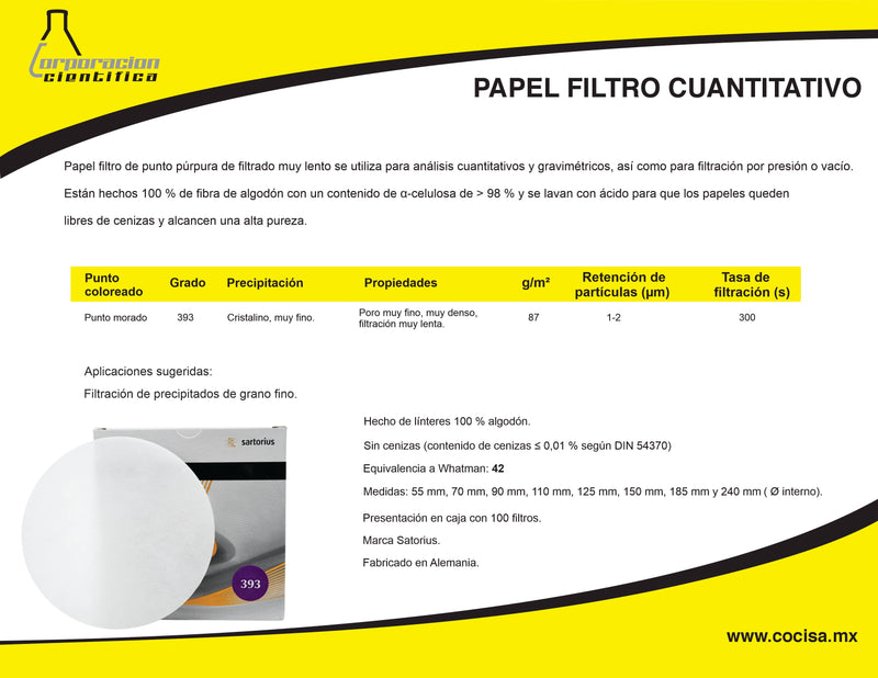 PAPEL FILTRO SARTORIUS GRADO 393 - EQUIVALENTE A WHATMAN 42. PK/100 PIEZAS DE 7 CMS.