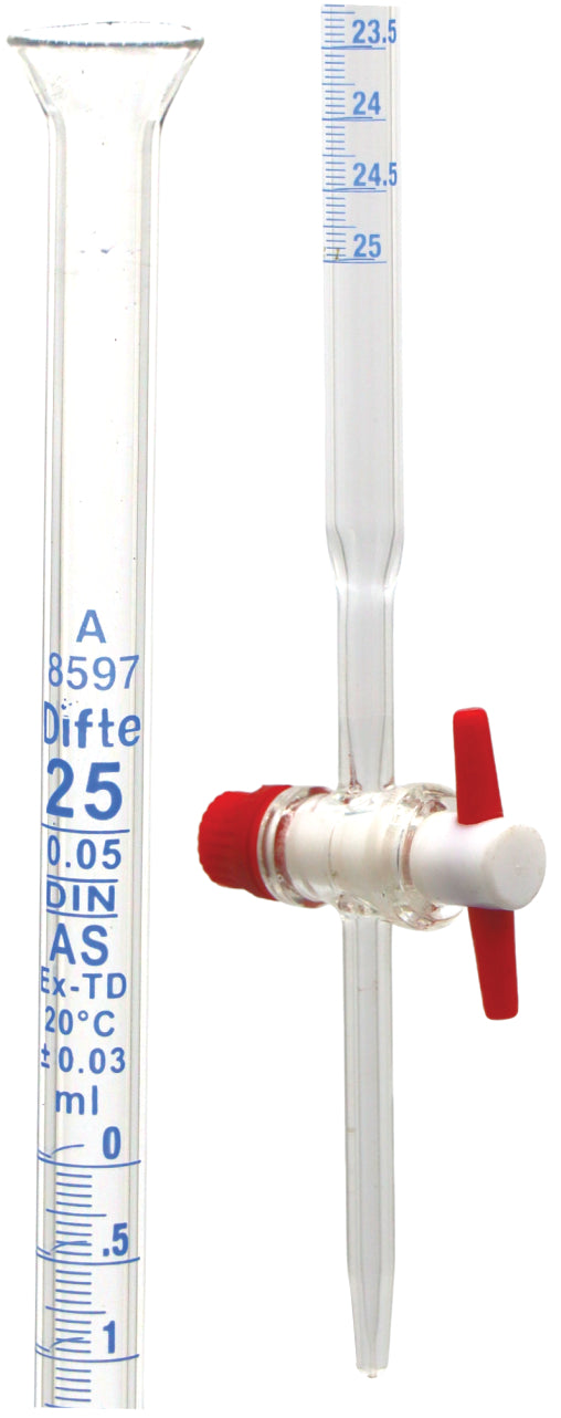 BURETA DE VIDRIO CLASE "A" CON LLAVE DE TEFLON, DE 25 ML.