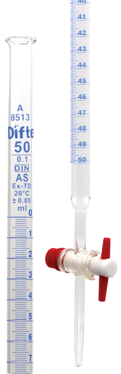 BURETA DE VIDRIO CLASE "A" CON LLAVE DE TEFLON, DE 50 ML.