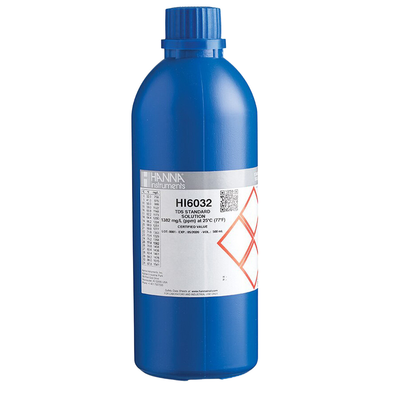 ESTANDAR TECNICO DE CALIBRACION DE TDS DE 1382 PPM " 25°C CON CERTIFICADO DE ANALISIS, 500 ML