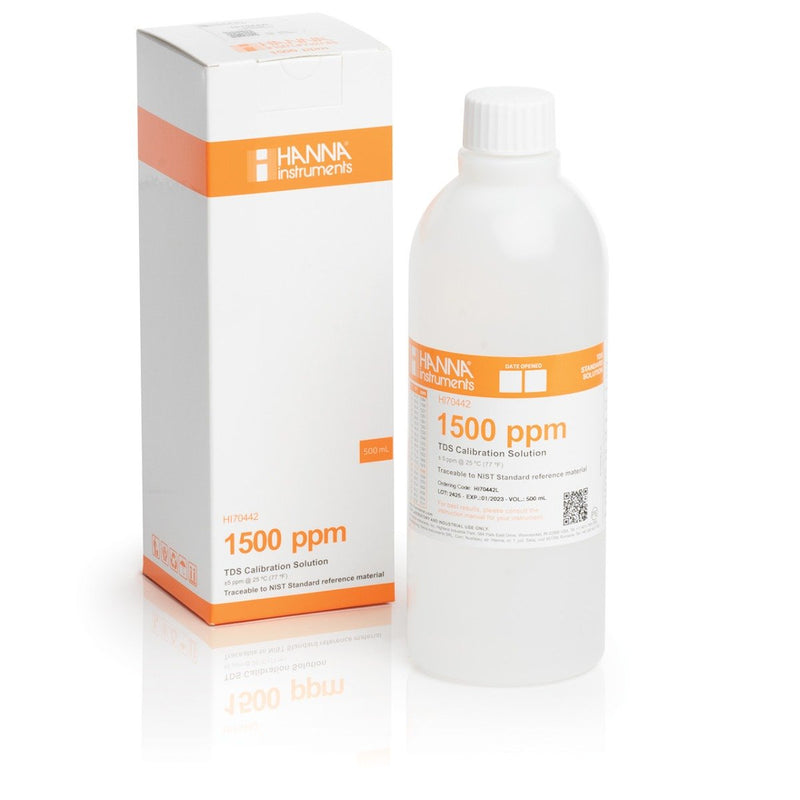 SOLUCION ESTANDAR DE TDS DE 1500 MG/L (PPM) VALOR " 25°C, FRASCO DE 500 ML