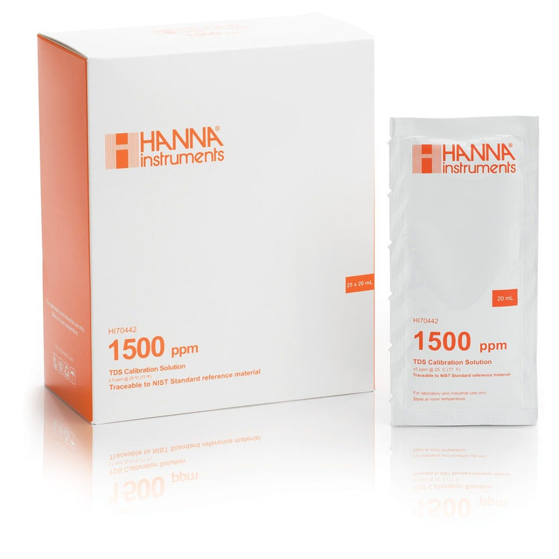 SOLUCION ESTANDAR DE TDS DE 1500 MG/L (PPM) VALOR " 25°C, (25) SOBRES DE 20 ML